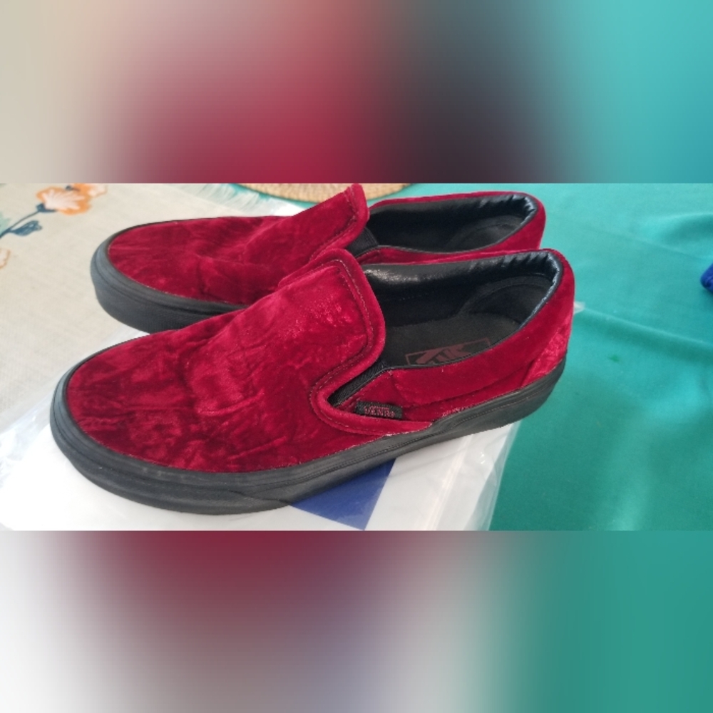 Vans Red and Black Velvet Slip-On Loafers